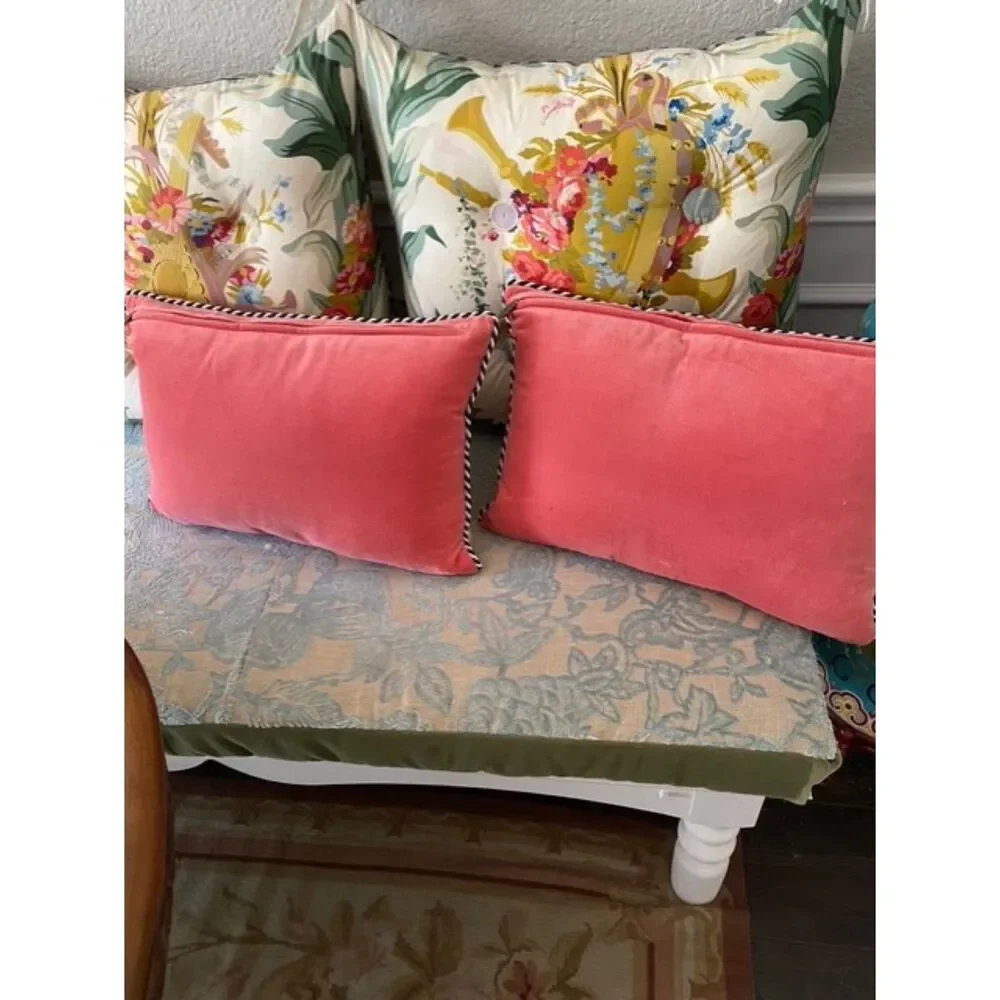 EUC MacKenzie Childs Embroidered Tattersall Rose Lumbar Throw Pillow Set